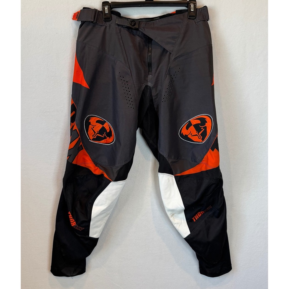 Thor MX Motocross Racing Pants Black Orange Grey Leather Knee Mens Size 36